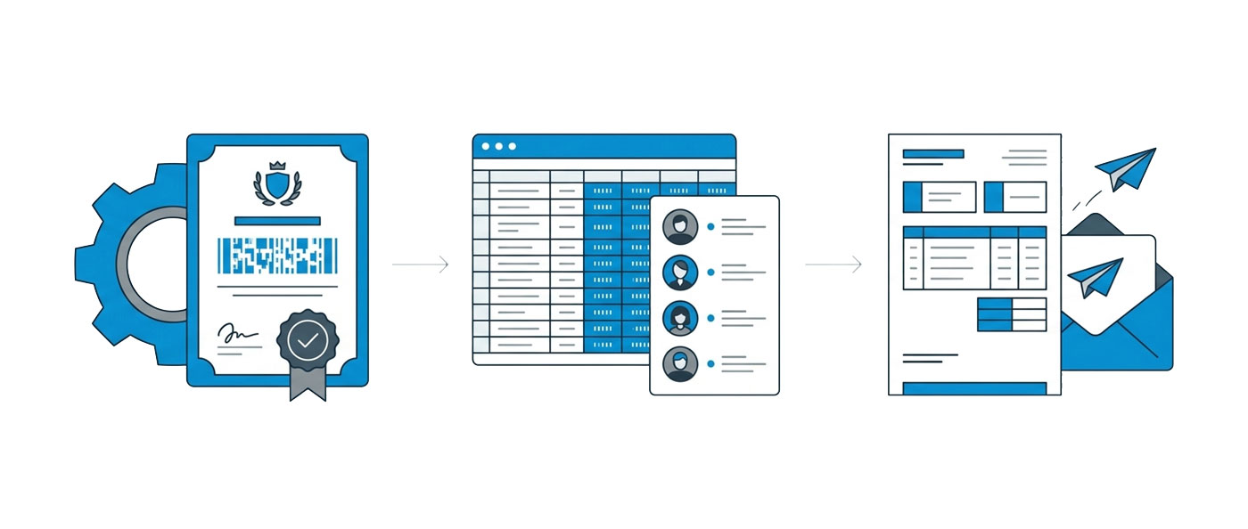 Ilustração mostrando três passos: 1) Configurar a empresa, 2) Cadastrar clientes e pedidos, 3) Emitir nota e enviar por e-mail